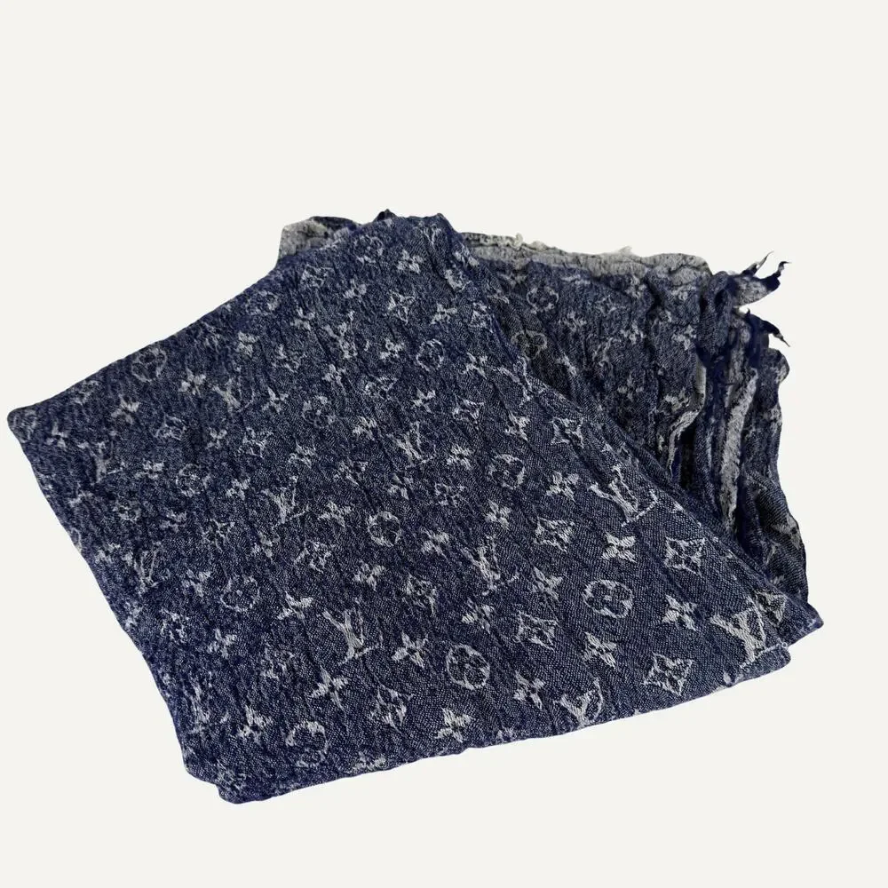 Louis Vuitton Monogram Denim Shawl Blue Silk Wool Fringe Wrap Made in Italy